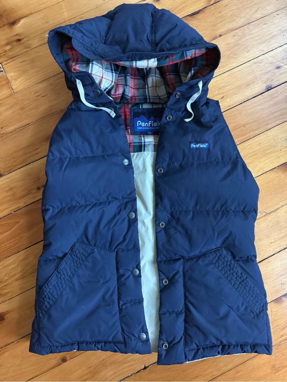 Madewell X Penfield Lucedale Down Puffer Vest With Hood Womens Small Navy Blue